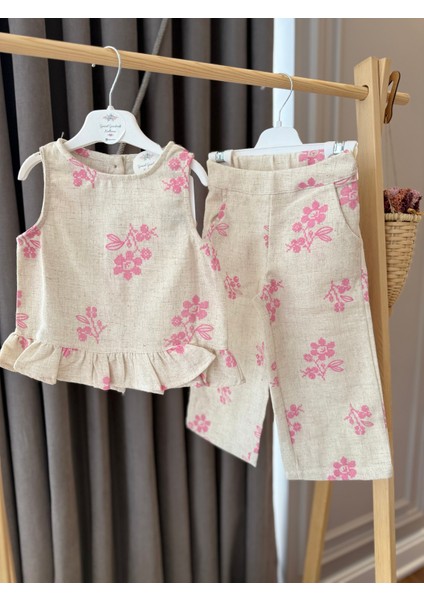 aden Kabartma Çiçekli Keten Kolsuz Bluz Üst Yandan Fermuarlı Pantolon Kız Çocuk Takım