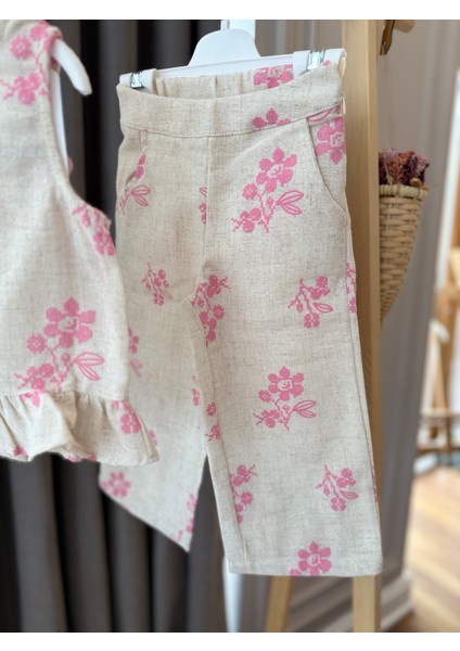 aden Kabartma Çiçekli Keten Kolsuz Bluz Üst Yandan Fermuarlı Pantolon Kız Çocuk Takım fiyatları