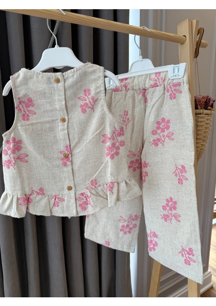 aden Kabartma Çiçekli Keten Kolsuz Bluz Üst Yandan Fermuarlı Pantolon Kız Çocuk Takım fırsatları