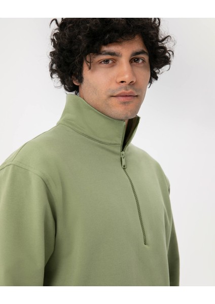 Açık Yeşil Erkek Organik Pamuk Yarı Fermuarlı V Yaka Dik Yaka Sweatshirt