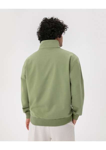 Açık Yeşil Erkek Organik Pamuk Yarı Fermuarlı V Yaka Dik Yaka Sweatshirt fiyatları