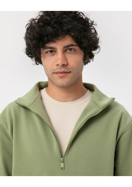 Açık Yeşil Erkek Organik Pamuk Yarı Fermuarlı V Yaka Dik Yaka Sweatshirt modelleri