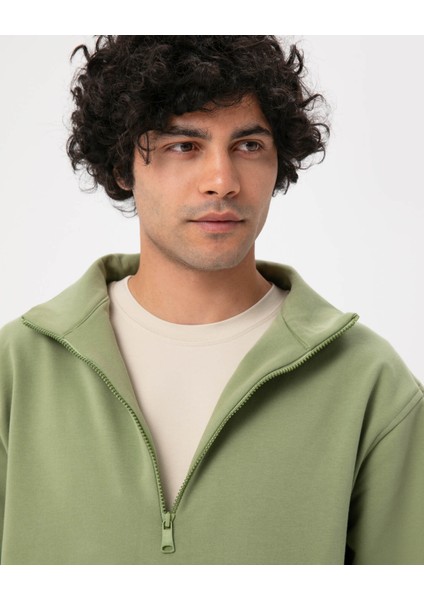 Açık Yeşil Erkek Organik Pamuk Yarı Fermuarlı V Yaka Dik Yaka Sweatshirt fırsatları