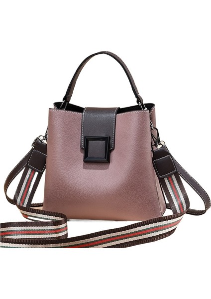 Yeni Kadın Çantası Lychee Desen Kova Çanta Moda Retro Trend Kontrast Renk Omuz Çapraz Çanta (Yurt Dışından)