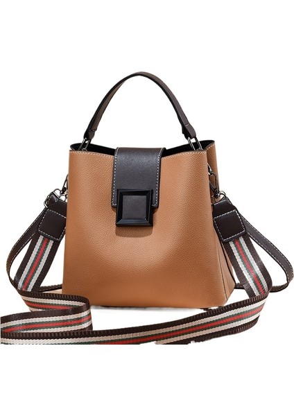 Yeni Kadın Çantası Lychee Desen Kova Çanta Moda Retro Trend Kontrast Renk Omuz Çapraz Çanta (Yurt Dışından)