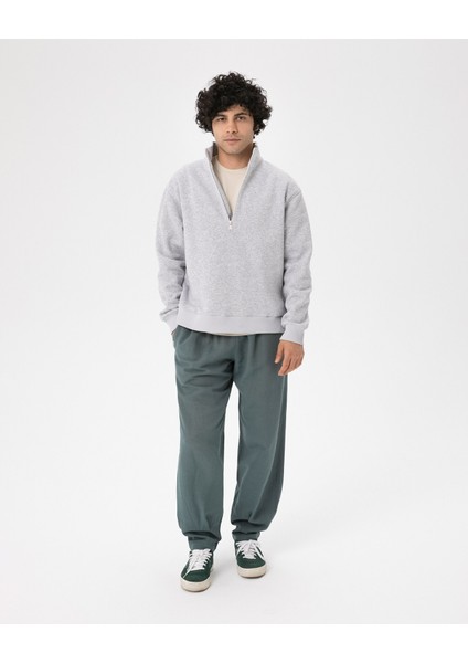Açık Gri Melanj Erkek Organik Pamuk Yarı Fermuarlı V Yaka Dik Yaka Sweatshirt