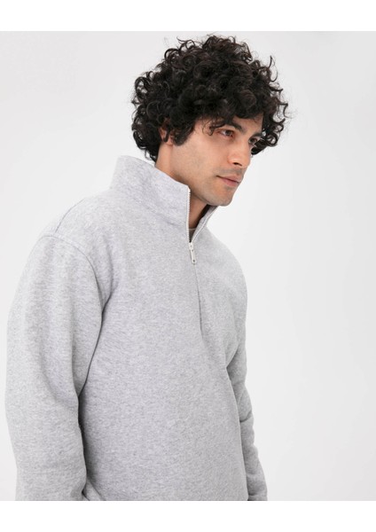 Açık Gri Melanj Erkek Organik Pamuk Yarı Fermuarlı V Yaka Dik Yaka Sweatshirt fırsatları