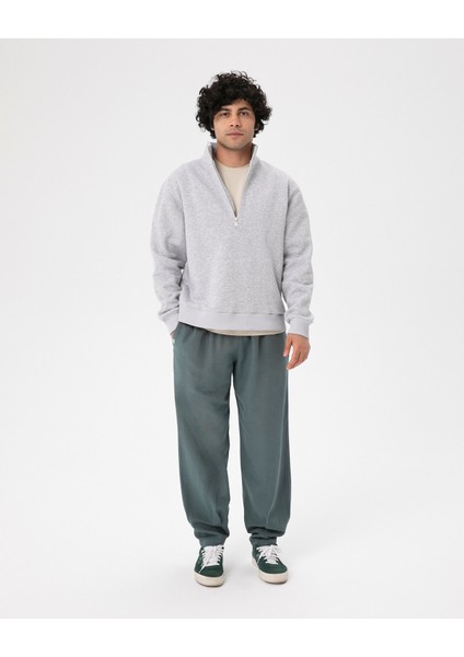 Açık Gri Melanj Erkek Organik Pamuk Yarı Fermuarlı V Yaka Dik Yaka Sweatshirt indirimleri