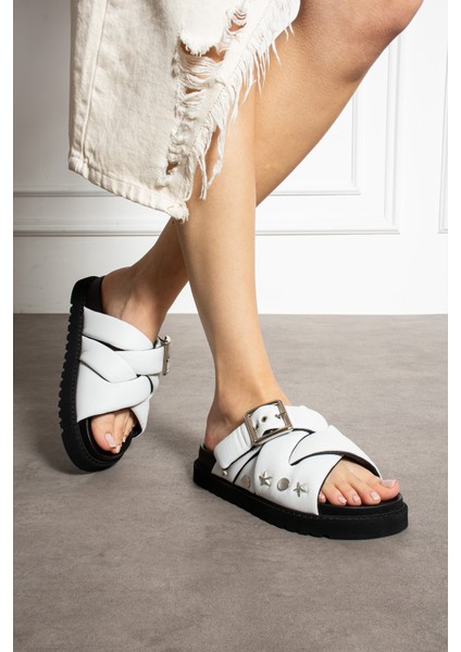 Babiana Hakiki Deri Tokalı Beyaz Terlik