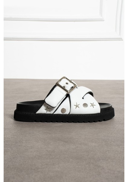 Babiana Hakiki Deri Tokalı Beyaz Terlik fırsatları