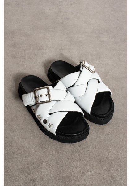 Babiana Hakiki Deri Tokalı Beyaz Terlik indirimleri