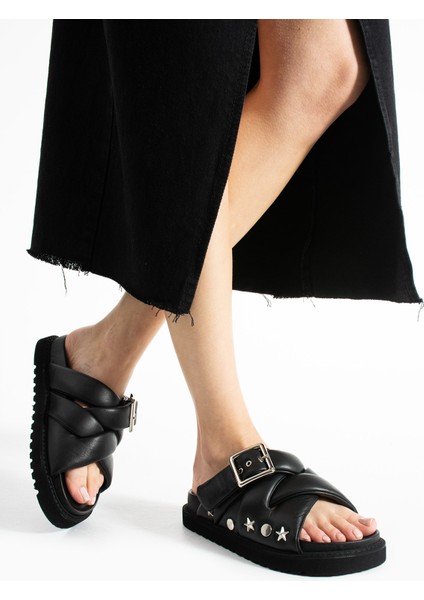 Babiana Hakiki Deri Tokalı Siyah Terlik