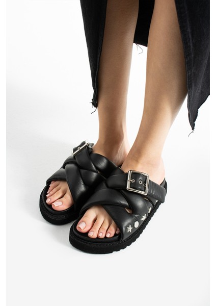 Babiana Hakiki Deri Tokalı Siyah Terlik fiyatları