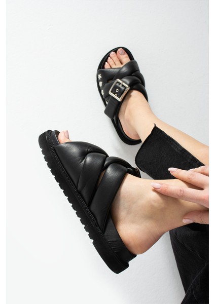 Babiana Hakiki Deri Tokalı Siyah Terlik modelleri