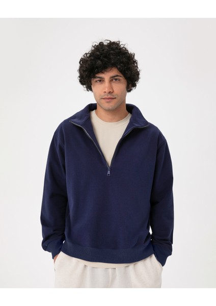 Açık Gri Melanj Erkek Organik Pamuk Yarı Fermuarlı V Yaka Dik Yaka Sweatshirt