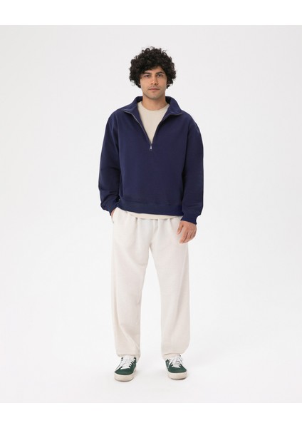 Açık Gri Melanj Erkek Organik Pamuk Yarı Fermuarlı V Yaka Dik Yaka Sweatshirt indirimleri