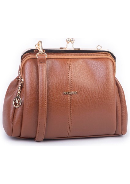 Burslu Klipsli Vintage Omuz ve Çapraz Çanta (23X20 cm Ebatlarındadır) Taba Victoria