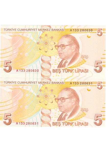 9. Emisyon 5 Tl Kağıt Para 'a' Serisi Değerli Seri Çil Seri Takipli 2 Adet /184