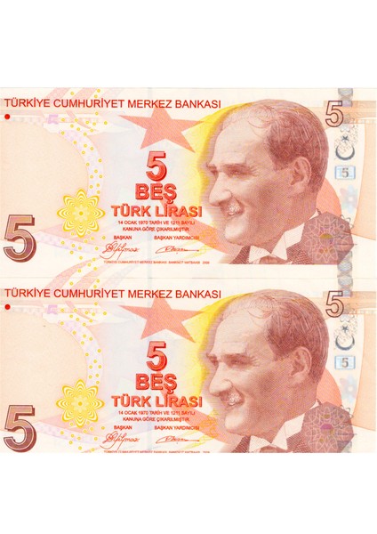 9. Emisyon 5 Tl Kağıt Para 'a' Serisi Değerli Seri Çil Seri Takipli 2 Adet /184