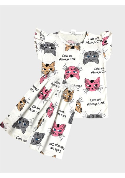 Kız Çocuk Pamuklu Beyaz Kedi Desenli Kısa Kollu Şortlu Yazlık Pijama Takımı