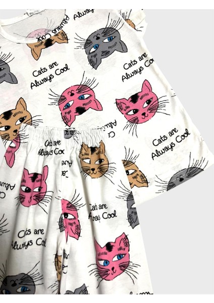Kız Çocuk Pamuklu Beyaz Kedi Desenli Kısa Kollu Şortlu Yazlık Pijama Takımı fiyatları