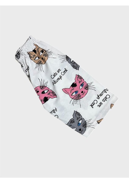 Kız Çocuk Pamuklu Beyaz Kedi Desenli Kısa Kollu Şortlu Yazlık Pijama Takımı fırsatları