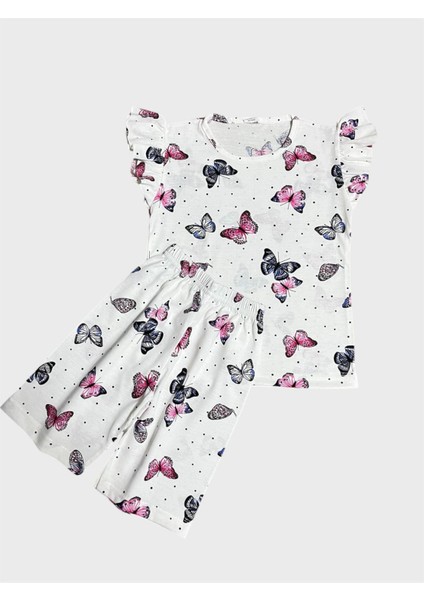 Kız Çocuk Pamuklu Beyaz Kelebek Desenli Kısa Kollu Şortlu Yazlık Pijama Takımı