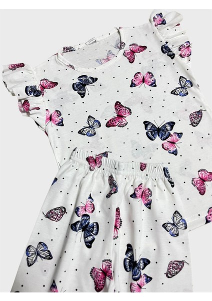 Kız Çocuk Pamuklu Beyaz Kelebek Desenli Kısa Kollu Şortlu Yazlık Pijama Takımı modelleri