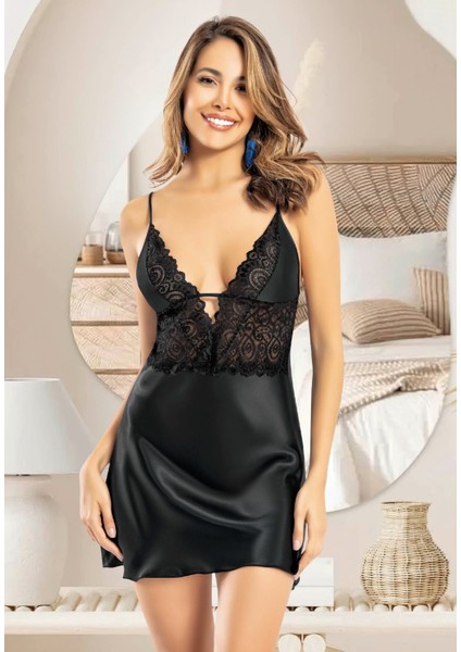 Misslaris Saten Siyah Gecelik 2103