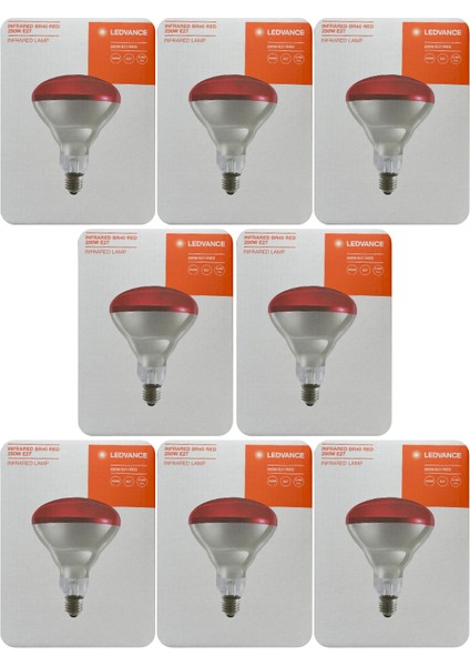 (8 adet) Ledvance 250W Kızılötesi (Infrared) Isıtıcılı Hayvan Isıtma ve Fizik Tedavi Lambası (Kırmızı Işık) E27 (Kalın Duy)