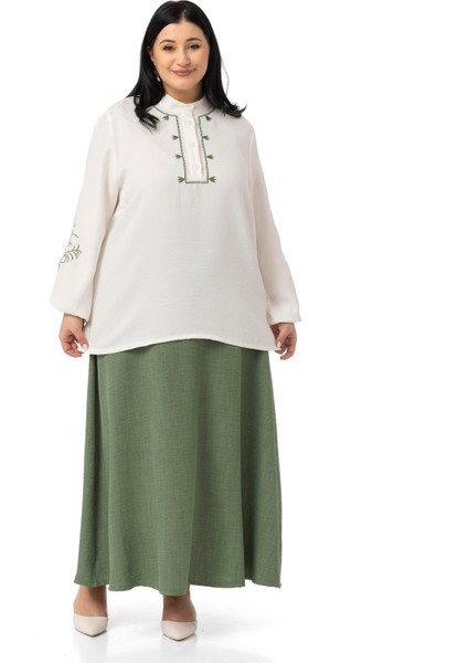 Büyük Beden Nakış Detaylı Bluz Etek Siyah Ikili Takım