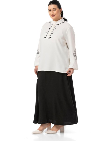 Büyük Beden Nakış Detaylı Bluz Etek Siyah Ikili Takım fiyatları
