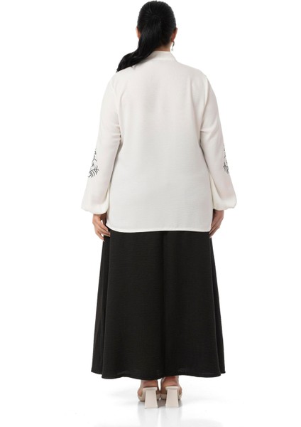 Büyük Beden Nakış Detaylı Bluz Etek Siyah Ikili Takım modelleri