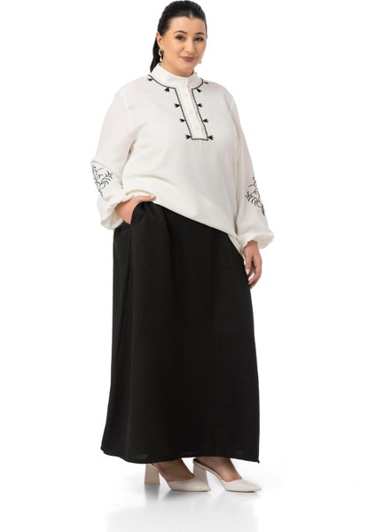 Büyük Beden Nakış Detaylı Bluz Etek Siyah Ikili Takım indirimleri
