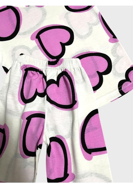 Kız Çocuk Pamuklu Beyaz Mor Kalp Desenli Kısa Kollu Şortlu Yazlık Pijama Takımı