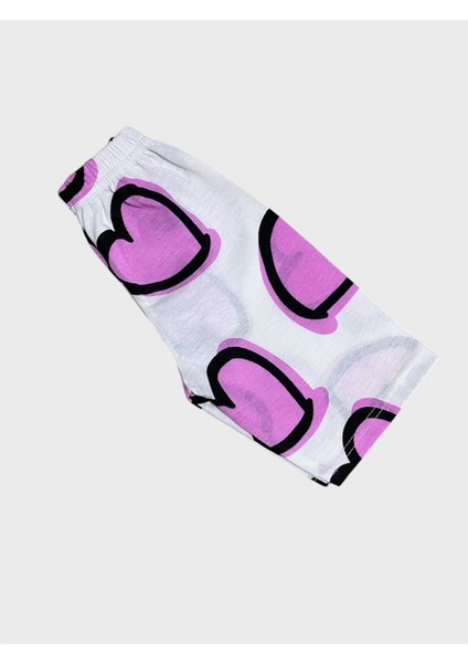 Kız Çocuk Pamuklu Beyaz Mor Kalp Desenli Kısa Kollu Şortlu Yazlık Pijama Takımı