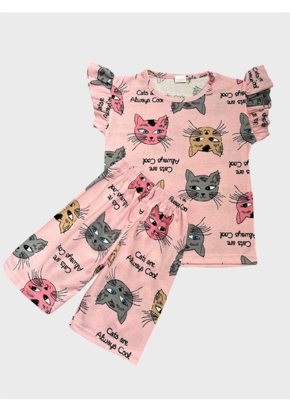 Kız Çocuk Pamuklu Pembe Kedi Desenli Kısa Kollu Şortlu Yazlık Pijama Takımı