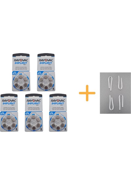 Koklear Implant Işitme Cihazı Pili 675CP Implant Pro+ (5 Paket x 6 Adet = 30 Adet Pil) + Hediye Işitme Cihazı Hortumu (4 Adet, Orta-Standart Olan Kıvrılmış Hortum)