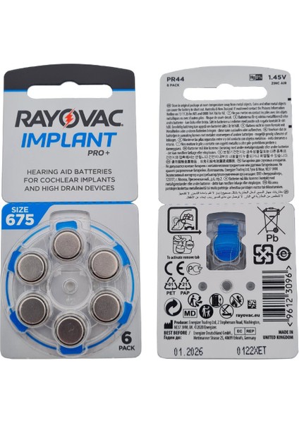 Koklear Implant Işitme Cihazı Pili 675CP Implant Pro+ (5 Paket x 6 Adet = 30 Adet Pil) + Hediye Işitme Cihazı Hortumu (4 Adet, Orta-Standart Olan Kıvrılmış Hortum)