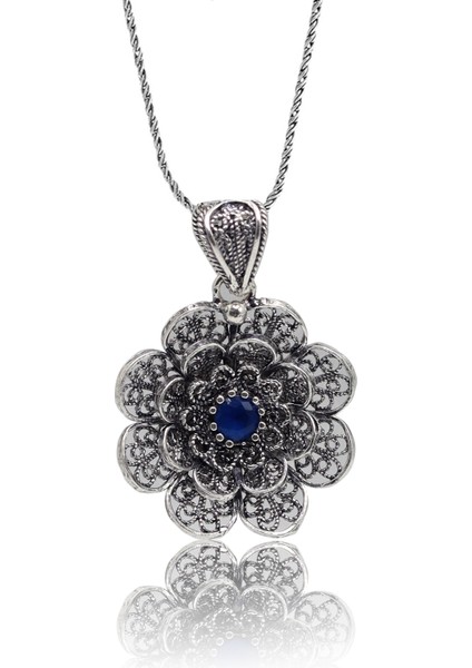 Safir Taşlı Çiçek Model Oksitli Telkari Kadın Gümüş Kolye 201023919