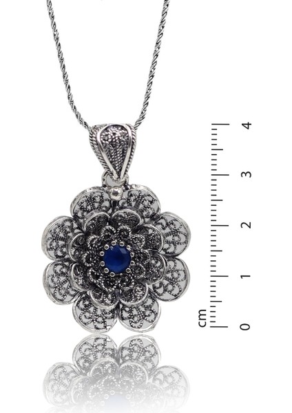 Safir Taşlı Çiçek Model Oksitli Telkari Kadın Gümüş Kolye 201023919