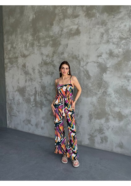 Çok Renkli Desenli Omuzdan Askılı Püsküllü Bürümcük Tulum