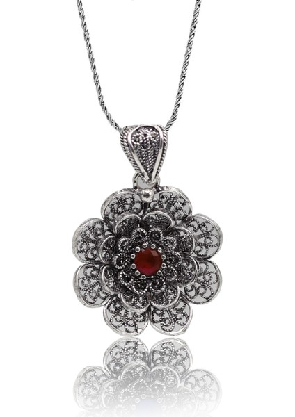 Yakut Taşlı Çiçek Model Oksitli Telkari Kadın Gümüş Kolye 201023920