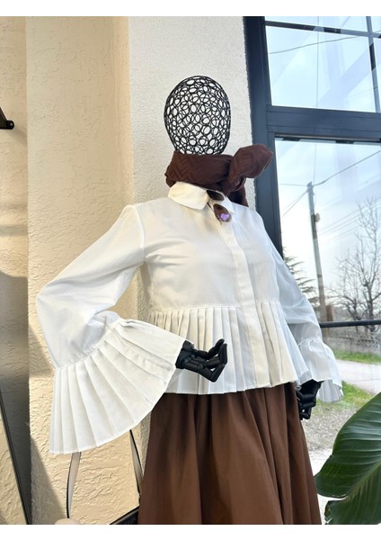 Kolları Pileli Gömlek Beyaz