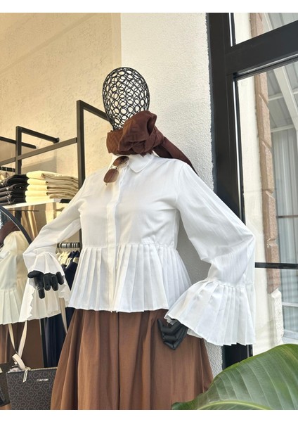 Kolları Pileli Gömlek Beyaz modelleri