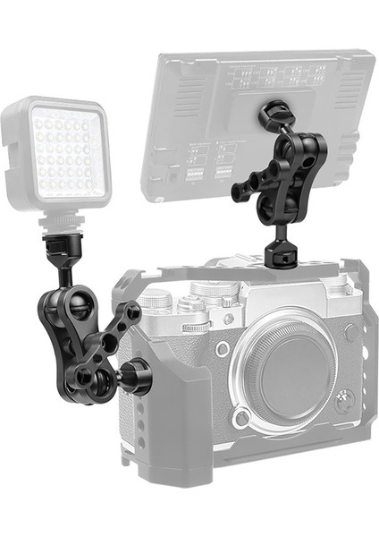 Çift 1/4 Küresel Baş Adaptörü Sihirli Kol Yengeç Kelepçesi 3/8 Montaj Işık Alan Monitörü Kamera Standı Braketi - Siyah (Yurt Dışından)