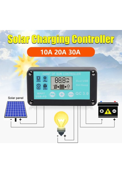 Mppt Solar Şarj Kontrol Cihazı Çoklu Korumalı LCD Ekranlı Solar Solar Qc3.0 Kontrol Cihazı (10A) (Yurt Dışından)