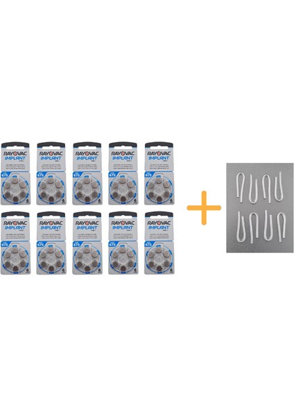 Koklear Implant Işitme Cihazı Pili, Rayovac 675CP Implant Pro+ (10 Paket x 6 Adet = 60 Adet Pil) + Hediye Işitme Cihazı Hortumu (8 Adet, Orta-Standart Olan Kıvrılmış Hortum)