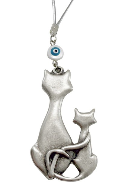 El Yapımı Beyaz Cam Nazar Boncuğu Metal Kedi Aile Dikiz Ayna Süsü / Hediyelik Aksesuar