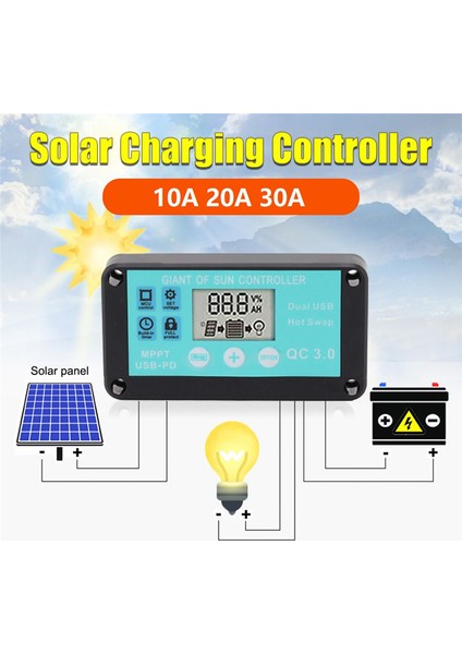Mppt Güneş Şarj Kontrol Cihazı Çoklu Koruma Güneş Qc3.0 Kontrol Cihazı LCD Ekranlı (30A) (Yurt Dışından)
